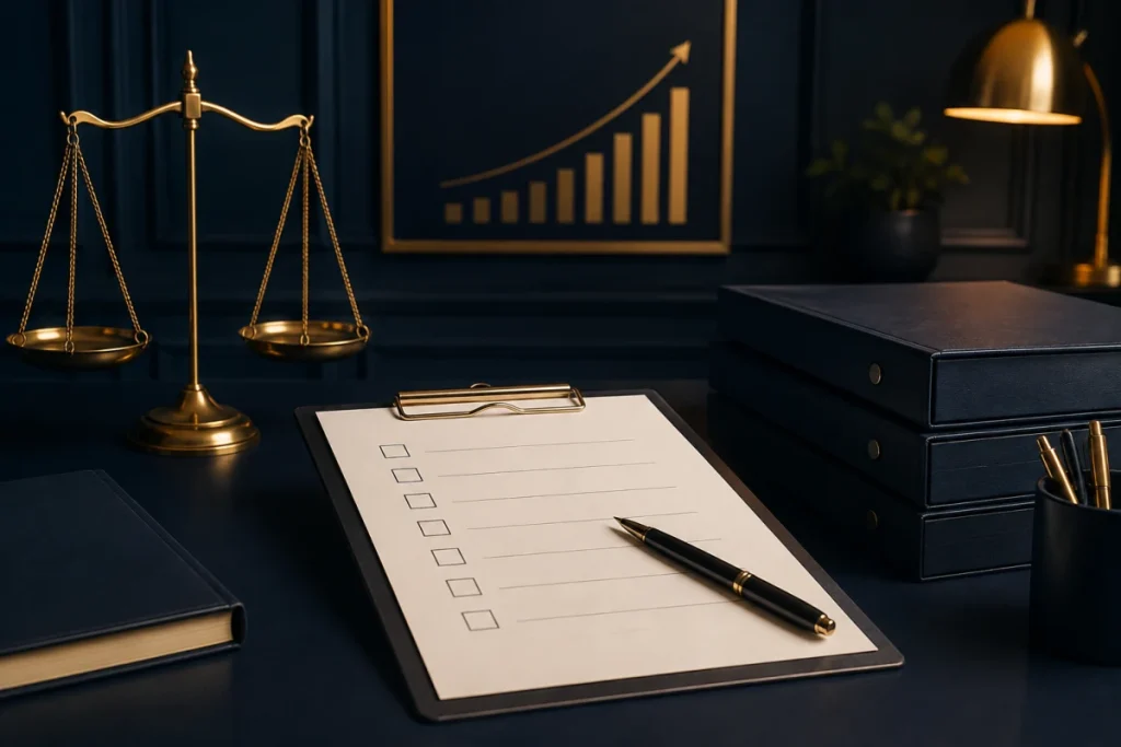 Legal compliance checklist and business growth chart