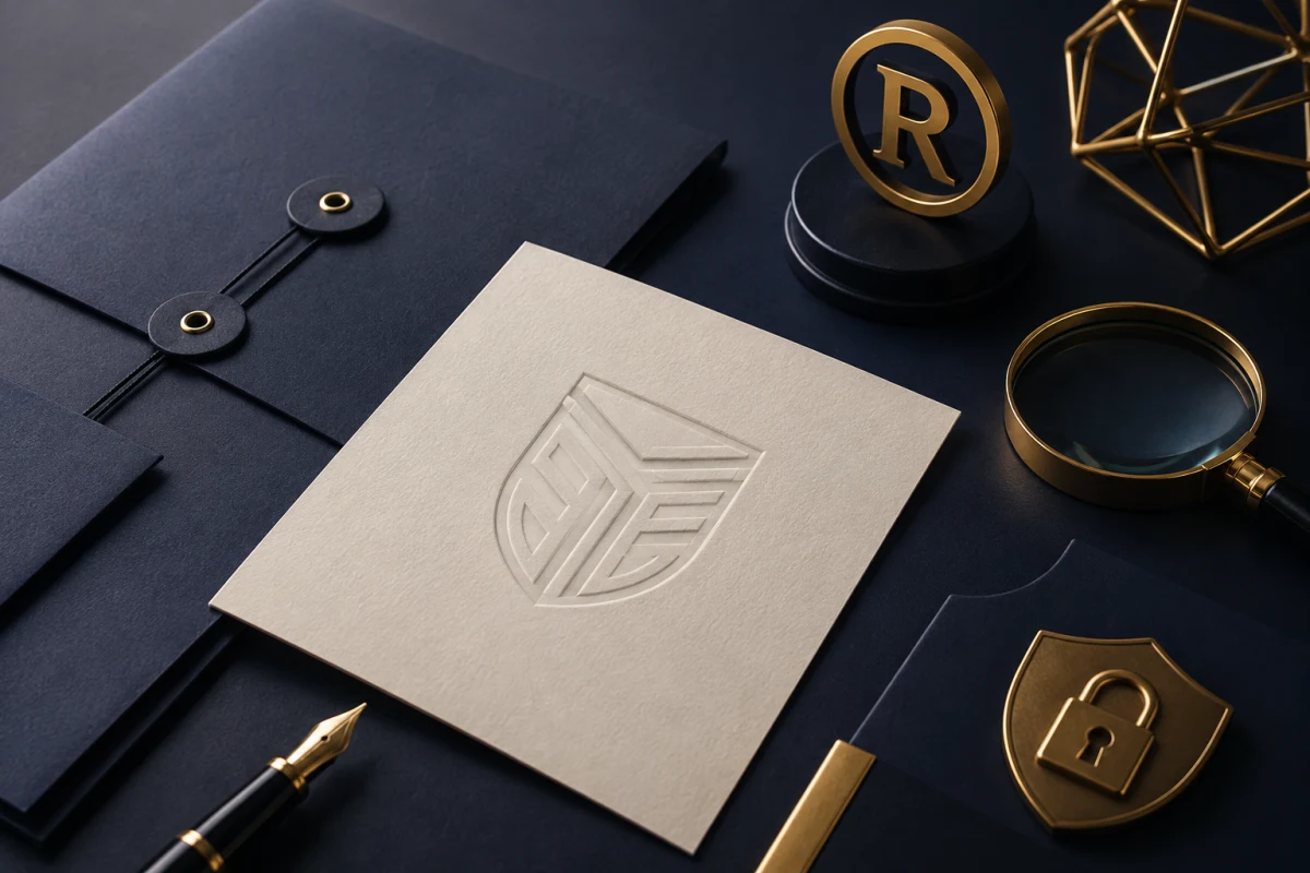 Trademark protection concept with magnifying glass and secure brand mark